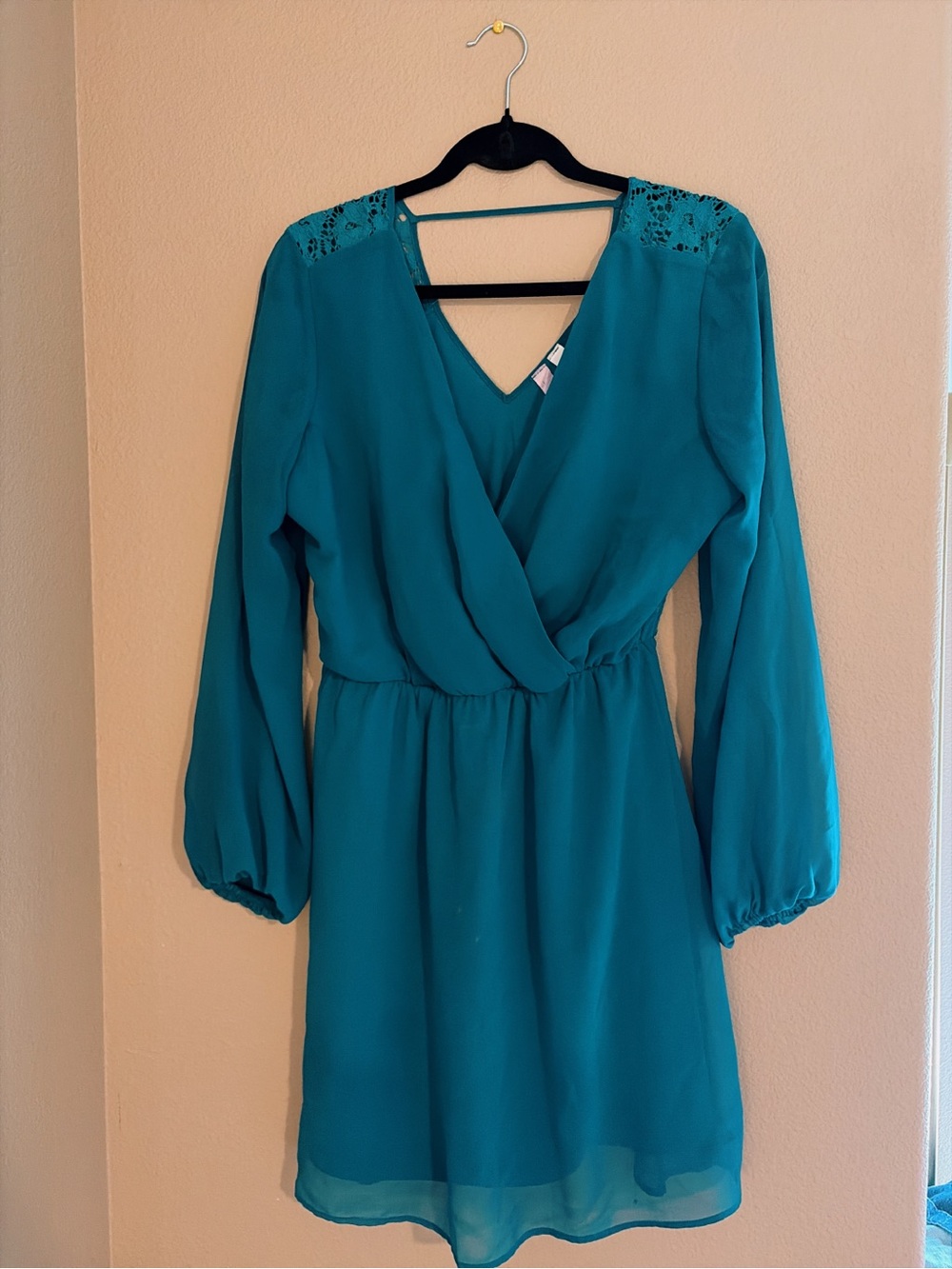 Teal Long-Sleeve Surplice Dress with Lace Yoke, purchased from Francesca’s